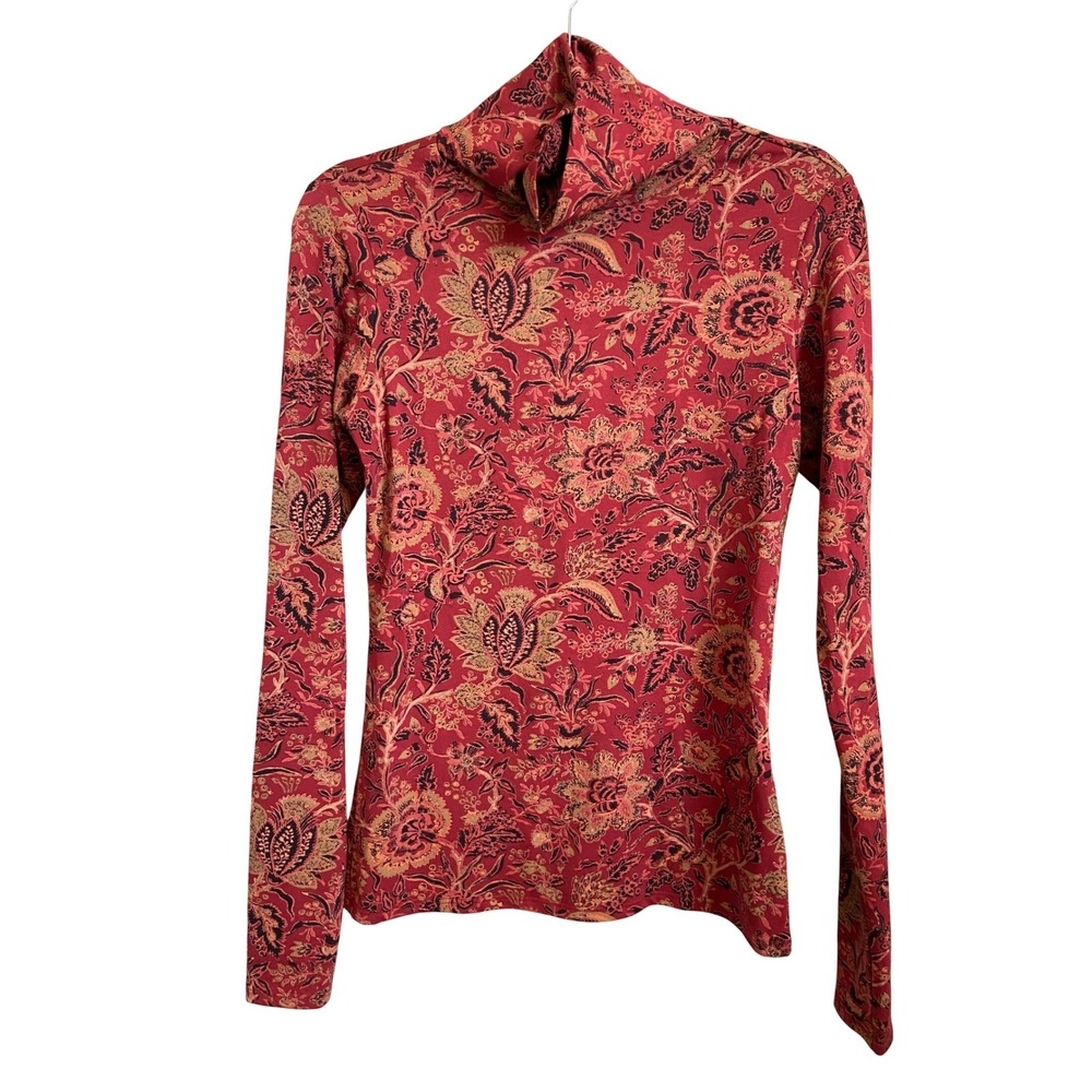 Peruvian Connection Red Floral Paisley Pima Cotton Turtleneck Top Womens XS